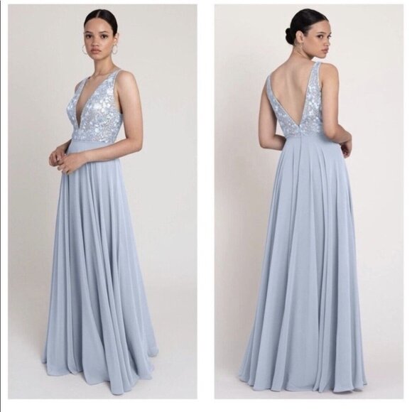 BHLDN x ANTHROPOLOGIE Jenny Yoo Kinsley Dress Embroidered Chiffon Whisper Blue - Picture 1 of 11